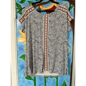 Women's Christopher & Banks Short Sleeve Black/White with Multi-Color Trim SZ L
